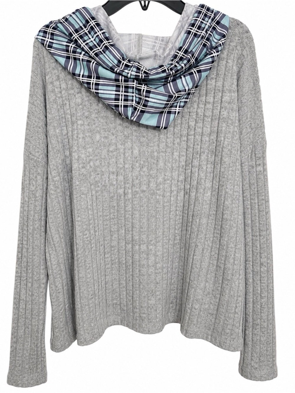 NWT Exclusive XL Ribbed Hooded Knit Top Plaid Layered Look Gray Blue - Picture 2 of 3